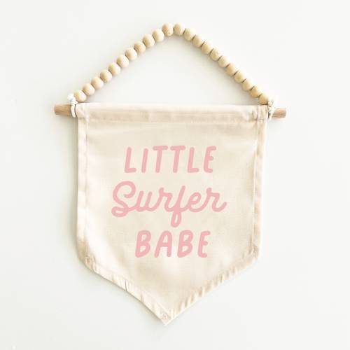 Little Surfer Babe Canvas Hang Sign: Surf Decor for Kid's Rooms, Surf Nursery, Surf Playroom, Beach House Decor, Coastal Decor {Palm Pink}