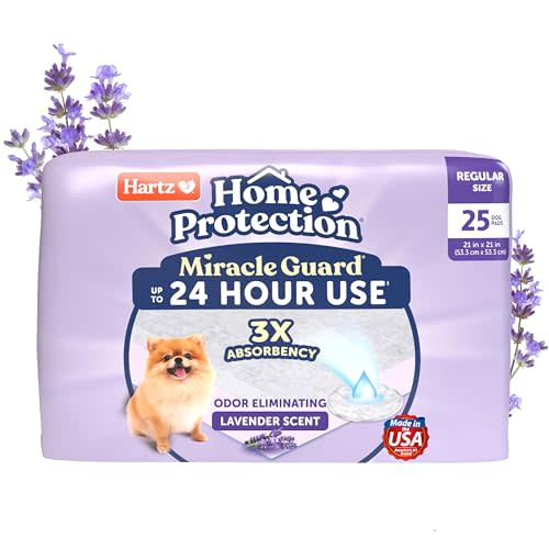 Hartz Miracle Guard Dog and Puppy Dog Pads Max Absorbency 24 Hour Use Odor Eliminating Lavender Scented No Leaks, Regular Size 25 Count
