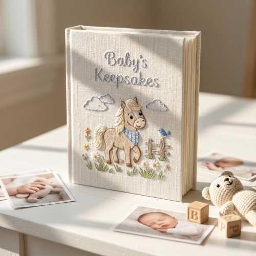 Hand Embroidered Baby Album, Personalized Linen Memory Book, Pony Nursery Keepsake, Custom Photo Journal for New Baby Gift for Boy