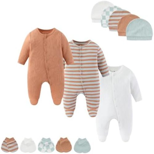 MAMIMAKA Baby Boy Girls Clothes 2-Way Zip Footed Long Sleeve Cotton Newborn Caps and Scratch Mittens Set