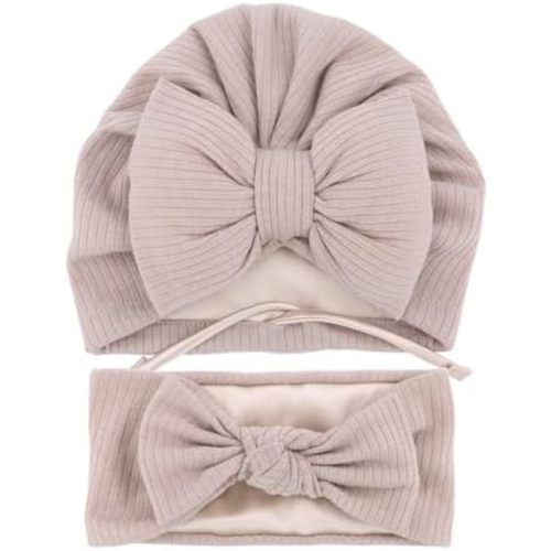Jomila Bundle of Bonnet and Headband for Baby Newborn Silk Satin Lined Beanie Toddler Infant Girls Adjustable Hat 0-6 Months