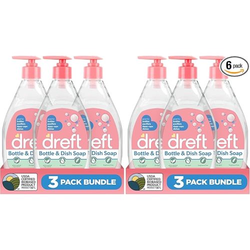 Dreft Bottle and Dish Soap | Made to Clean Baby Bottles,Sippy Cups,Pacifiers,Breast Pumps,& More | Gently Removes Milk Film & Odors-| Plant Based,Fragrance Free Dish Soap-| 18 Fl Oz,(Pack of 6)