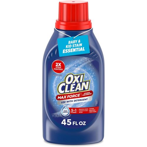 OxiClean Max Force Advanced Stain Remover Liquid, Color-Safe, Bleach-Free Kids and Baby Essential, Use with Detergent to Remove Messy Stains like Berries, Juice, Mud, Grass, 45 Fl Oz