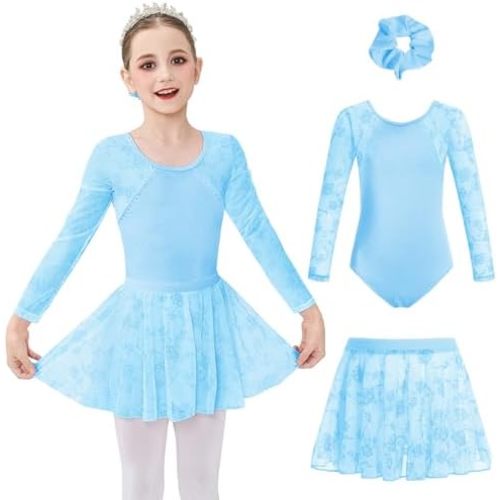 JiAmy Girls Ballet Leotards Long Sleeve Mesh Toddler Dance Leotard Dress Combo with Removable Skirt