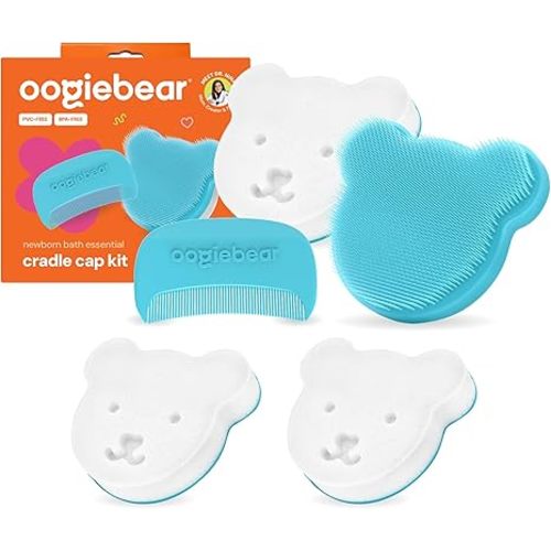 oogiebear Cradle Cap Brush Kit Includes 2 Additional Replacement Sponges – Gentle and Safe Scalp Massage Care with Sponge, Brush, and Comb for Newborns and Babies