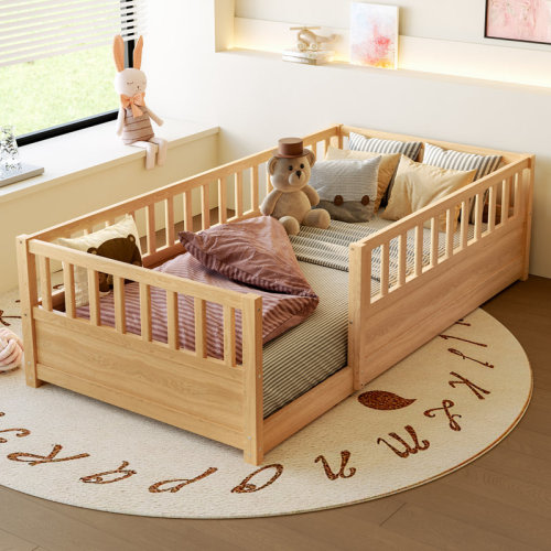 NFusion Elio Modern Pine Montessori Floor Bed with Extra-High Safety Guardrails | Wayfair