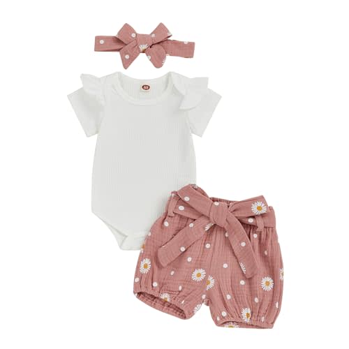 Kaipiclos Newborn Infant Girl Clothes Rib Knit Romper Daisy Print Shorts Headband Baby Summer Clothes 0 3 6 12 18 24 Months
