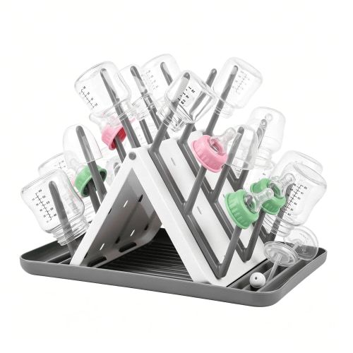 Large Baby Bottle Drying Rack, Space Saving 18 Detached Hook Slope Bottle Dryer Holder forfor Countertop Kitchen Organize Bottles, Brushes(Grey)