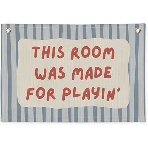 Playroom Decor Wall Banner "This Room Was Made For Playin'" 20x30 Inch - Nursery Canvas Art, Kids Bedroom Hanging, Toddler Play Area Sign, Children's Canvas Flag Decor - Red