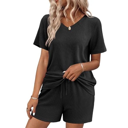 Ekouaer Womens Pajama Sets Short Sleeve Knit Lounge Set 2 Piece Pj Sets for Women V Neck Casual Loungewear