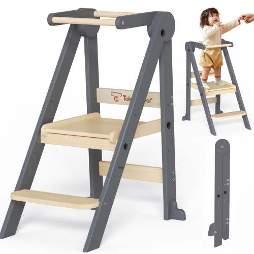 G TALECO GEAR Foldable Toddler Tower, Kitchen Kids Step Stool Helper, Standing Tower with 3 Adjustable Heights, Gray&Nature