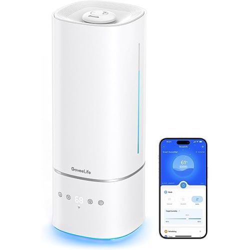 GoveeLife Humidifiers for Bedroom, 6L Top Fill Cool Mist Humidifier for Large Room, Auto Mode, Adjustable Mist, Quiet Sleep Mode, WiFi Smart Air Humidifier with RGB for Baby, Plants, Work with Alexa