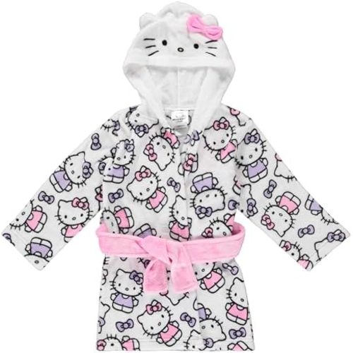 Hello Kitty Girls Fleece Kids Hooded Robe - Super Soft Plush Kids Spa Bathrobe with Pockets, Sizes 4-10 - Official Product