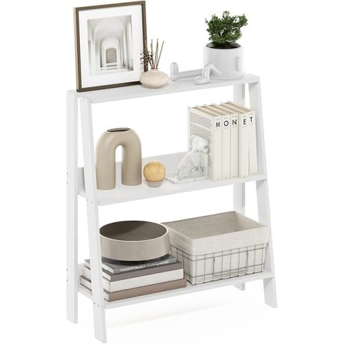 Furinno Ladder Book Shelf, 3-Tier Ladder Shelf, Open Design Bookshelf, Display Storage Bookcase, 9.3" x 23.6" x 27", Living Room, Home Office, White