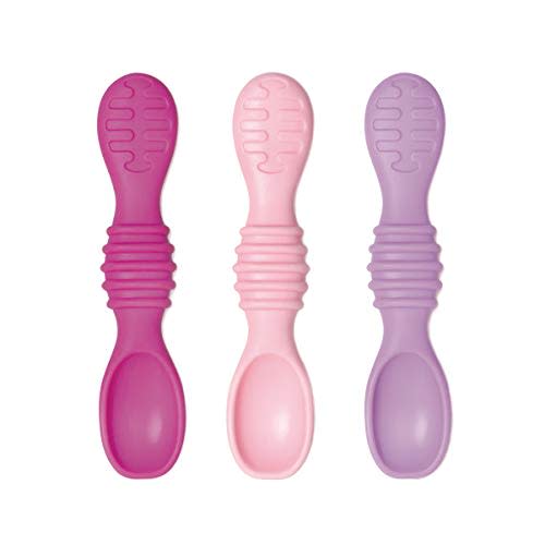 Bumkins Baby Utensils Set, Silicone Spoons for Dipping, Self-Feeding, Baby Led Weaning, Trainer Tip, Soft Chew Safe, Learning First Stage Eating, Babies 4 Months, 3-pk Lollipop Color