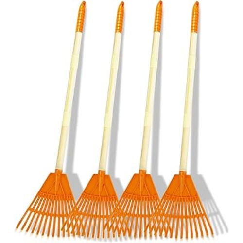 4Pcs Kid Rakes, 31" Child Size Plastic Lawn Rakes for Leaves Wooden Handle, Great Gardening Tools Gifts for Boys Girls Age 3 Year Old and Up