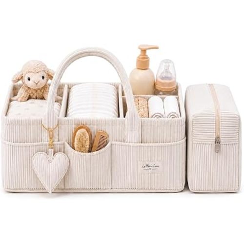 Baby Diaper Caddy Organizer with Matching Zipper Pouch, Soft Corduroy Diaper Storage Basket, Nursery Organizer with Removable Divider, Newborn Essentials, Baby Registry Must Have, Gift for Baby Shower