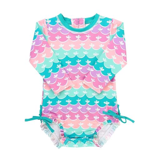 RuffleButts Baby Girls UPF 50+ Sun Protection Novelty Print Long Sleeve One Piece Rash Guard Swimsuit with Zipper
