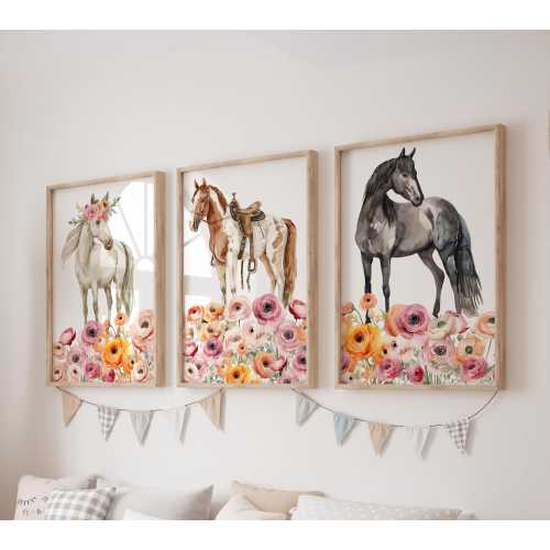 Set of 3 Floral Horse Prints, Pink Flowers Wall Art Set, Horse Posters, Modern Art, Kids Bedroom Decor, Girl Nursery Decor, Playroom Prints