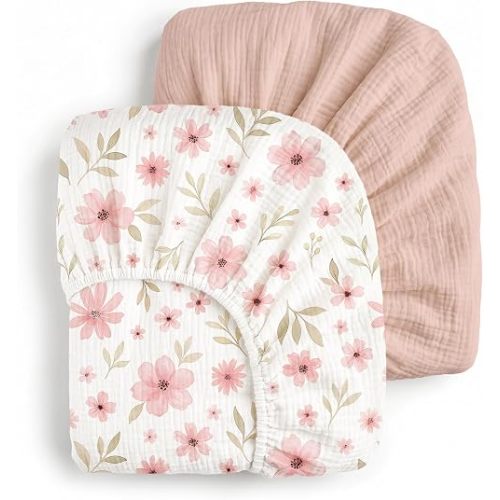 Muslin Crib Sheets for Boys Girls, Fitted 52''x28'' Organic Cotton, Floral