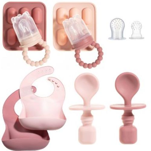 Baby Feeding Set - Fruit Feeders, Silicone Bibs & Baby Spoons for Self-Feeding- First Stage Baby Must-Haves, Gum-Friendly, BPA-Free, Easy to Clean