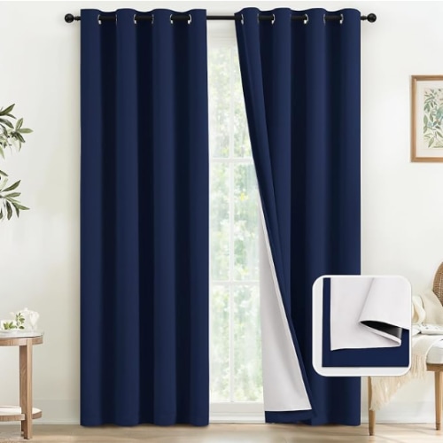 Navy Blue 100% Blackout Curtains for Bedroom with White Back | 2 Thick Layers Full Room Darkening Thermal Insulated Curtain