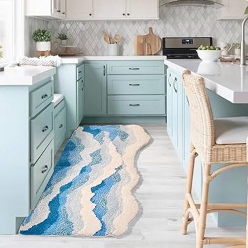 Large Ocean Sea Wave Rug 60"x30", Beach Themed Room Decor Aesthetic, Beachy Decor for Bedroom Nursery Kitchen, Washable Blue Area Rug for Summer Room, Nautical Coastal Room Decor