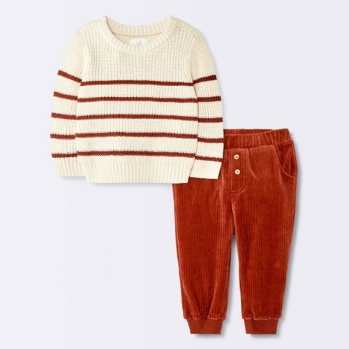 Baby Boys' 2pc Christmas Holiday Striped Sweater and Knit Corduroy Pants Set - Cloud Island™ Cream 6-9M