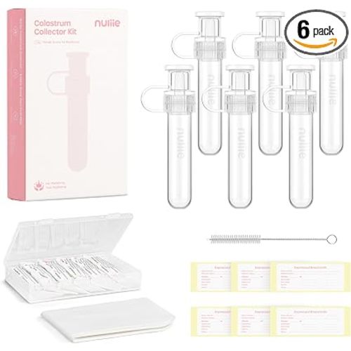 Nuliie 6pcs Colostrum Collector Kit, 7ml, Leakproof, Reusable, BPA-Free | Breast Milk Collector, Heat & Freezer Resistant, Cotton Cloth Wipe, Storage Case, Cleaning Brush, Ready-to-Use for Newborns
