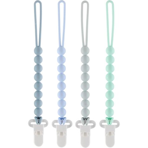 4-Pack Silicone Pacifier Clips with One-Piece Beads for Baby Boys and Girls - Flexible and Rust-Free Holders for Teething Relief and Baby Essentials, Safe for Newborns (Blue)