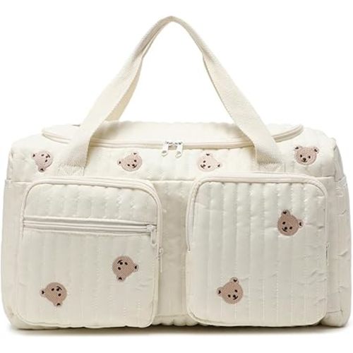 Baby Hospital Bag, Quilted Diaper Bag Large Capacity Teddy Bear Pattern Cute Duffle Portable & Lightweight for Hospital and Weekender Travel, 18.9x8.7x10.2in, Quilted Duffle