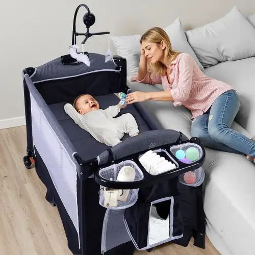 4 in 1 Pack n Play, Multifunction Baby Bassinet Bedside Crib, Portable Baby Nursery Center Playard w/Changing Table, Storage Basket, One-Hand Folding Playpen for Newborn to Toddlers