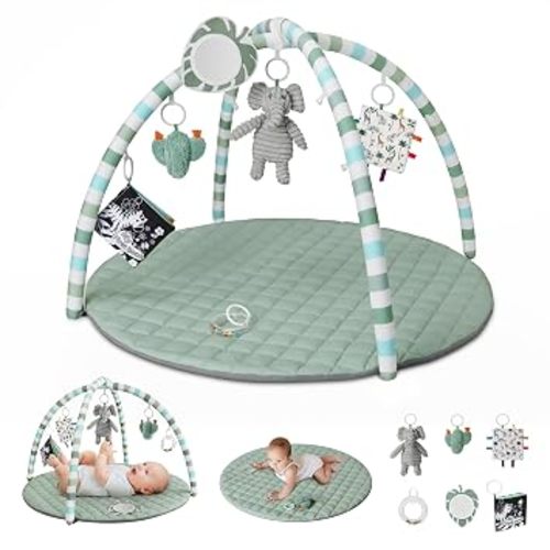 Blissful Diary Baby Play Gym Mat, Play Mat Activity Mat with 6 Detachable Toys for Stage-Based Sensory & Motor Skill Development, Easy to Install & Clean, Baby Essentials Gift, Sage Green