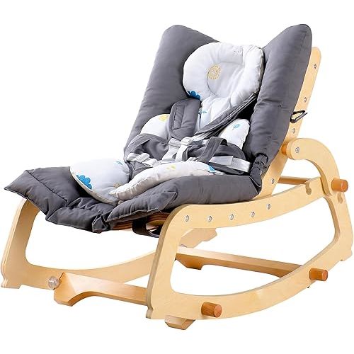 MallBest 3-in-1 Baby Rocker Chair with Double Cushions, for 0-12 Months, Adjustable Wooden Infant Rocker with Removable Cushion and 5-Point Harness for Infant to Toddler（Grey）