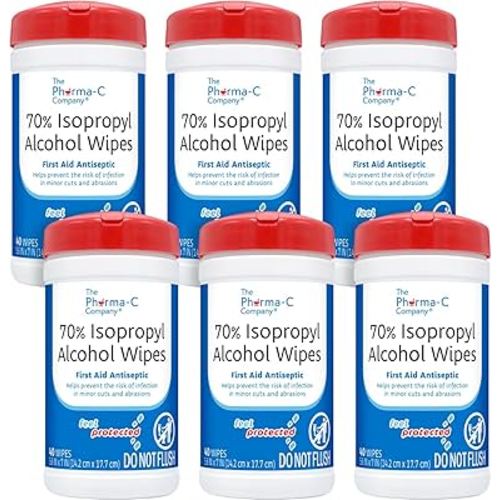 The Pharma-C Company -70% Isopropyl Alcohol Wipes [6 pack - 40ct Canisters] - Bulk IPA First Aid Antiseptic Wound Cleaner with Moisture Lock Lid. For minor cuts, scrapes, and burns.