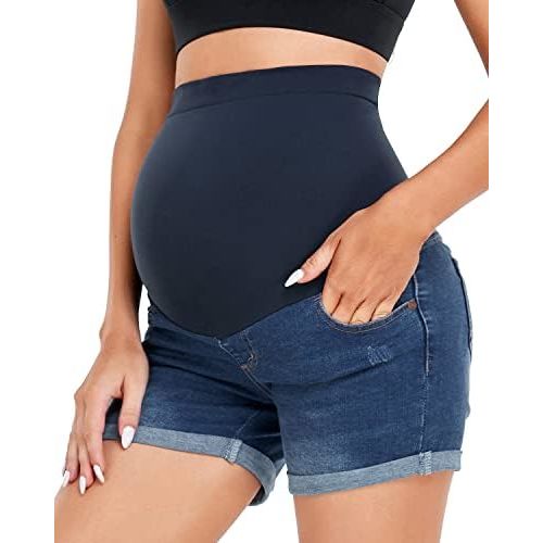 HOFISH Women's Maternity Denim Shorts Over The Belly Stretchy Comfy Jean Shorts Pants Casual Workout Pregnancy Shorts