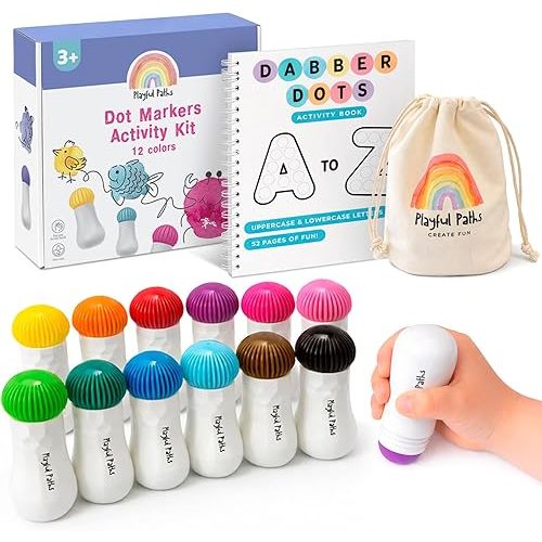 Playful Paths Dot Markers Activity Kit for Toddlers and Kids, 12 washable colors, Dot Paint Set With Free Activity Book, dot paint markers, washable markers for toddler, washable dot paints for kids