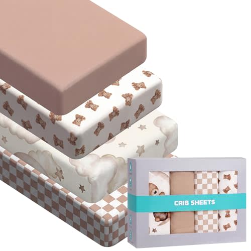 SmoothNovelty 4 Pack Bear Baby Crib Sheets, 52" x 28" | Fitted Sheet, Neutral Fits for Standard Toddler Mattress, Baby Bed, Gift Set, Microfiber Soft Breathable for Boys Girls
