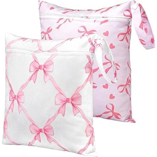 Sanwuta 2 Pack Wet Bags Resuable Waterproof Wet Dry Bag for Swimsuit Travel Beach Pool Bathing Diapers Dirty Yoga Gym Clothes Toiletries with Zippered Pockets(Pink Bow,Small,Pink and White)