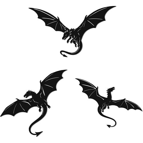 YATEASLU Set of 3 Matte Black Flying Dragons Metal Wall Art – Dragon Wall Decor, Medieval & Fantasy Wall Art for Living Room, Bedroom & Game Room(11.8" × 6.9",9.1" × 9.1",9.1" × 6.7")