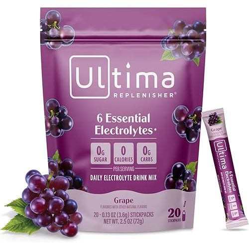 Ultima Replenisher Daily Electrolyte Powder Drink Mix – Sugar Free – Grape, 20 Stickpacks – Hydration Packets with 6 Key Electrolytes and Trace Minerals – Keto Friendly, Vegan, Non-GMO