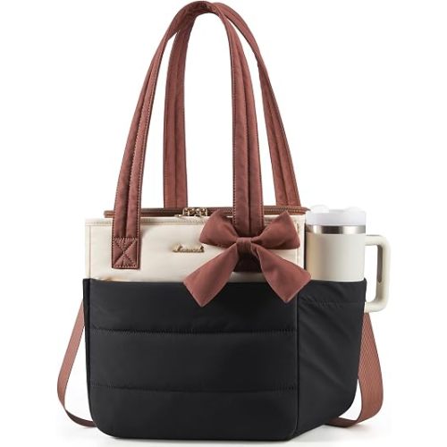LOVEVOOK Insulated Lunch Bag Women, Stylish Puffy Adult Lunch Box with Cup Holder, Large Wide-open Leakproof Cooler Tote Bag for Work Picnic Beach Nurse Teacher College Family, Gifts for Women