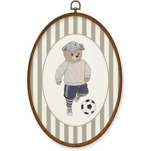 WULQYING Vintage Bear Playing Soccer Wall Art Decor, Nursery Football Sports Oval Framed Canvas Art Prints, Country Striped Sport Wall Hanging Decor for Home Playroom Boy Bedroom, 8.6x11.4 Inches
