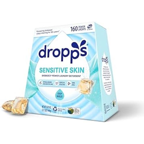 Dropps Sensitive Skin Laundry Detergent Pods, Crisp Breeze (160 Count) - Dermatologist Tested Laundry Pods - HE Compatible Laundry Supplies for Clean Clothes, Vegan & Dye-Free
