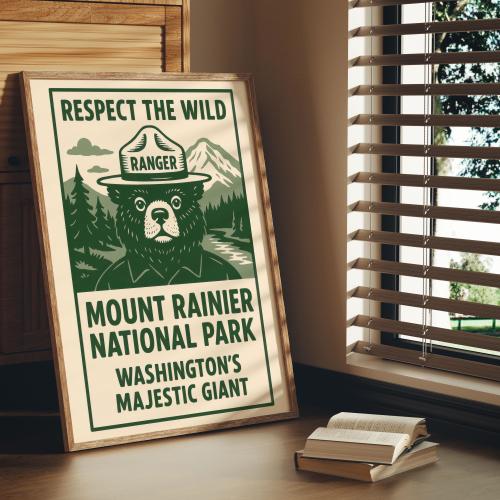 Mount Rainier National Park Wall Art Print Ranger Bear Poster Washington Nature Decor