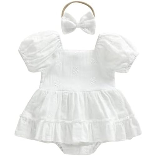 Kavousa Baby Girl Summer Outfits Newborn Flower Embroidered Eyelet Ruffled Hem Short Sleeve Romper and Bow Headband Set