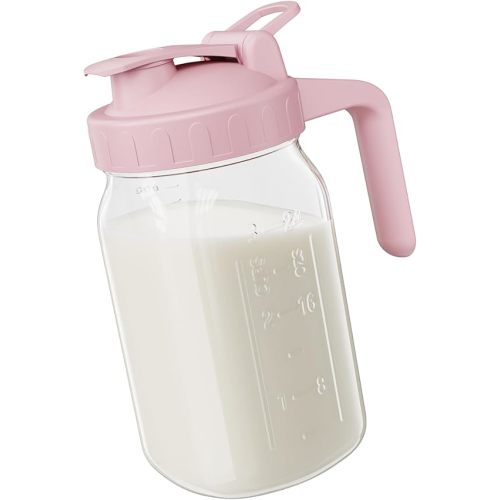 Breast Milk Pitcher - 32 oz Glass Mason Jar with Dual Leak-Proof Design, Airtight Seal, Pour Spout & Handle, Storage Container for Breastmilk, Iced Tea & Ice Drinks（Pink）
