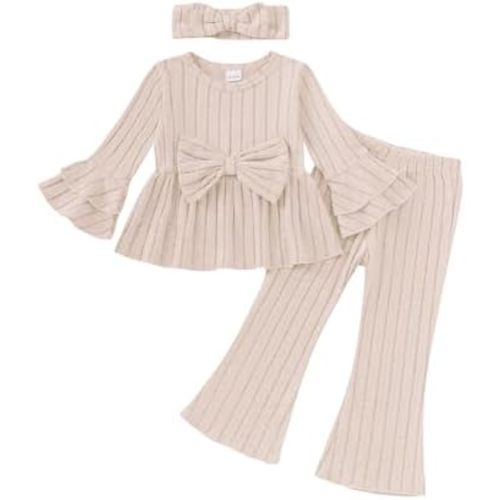 SODLON Baby Girl Clothes Toddler Fall Winter Outfits Ruffle Long Sleeve Bow Top Flared Pants Set Bell Bottom Clothing 18M-5T