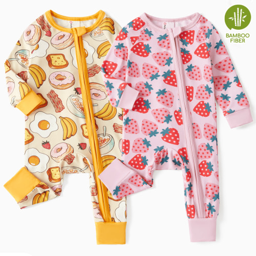 PatPat Bamboo Baby Pajamas, Snug Fit Zipper Sleepwear, Long Sleeves, 0-24 Months, 2-Pack