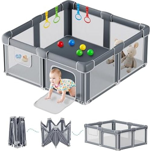 Foldable Baby Playpen with Mat, 50x50 Inches, Grey